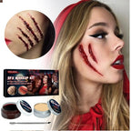 SFX makeup kit with skin wax, fake blood, and metal tool for creating realistic claw wound effects on skin.