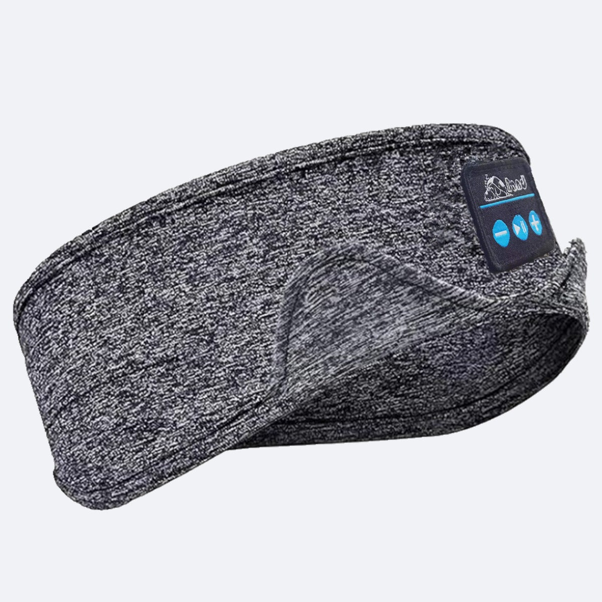 Grey heathered fabric Bluetooth sleep headband with an integrated control panel featuring playback buttons.