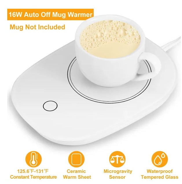 White oval mug warmer with a glass top and ceramic heating element. Features gravity sensor and auto shut-off.