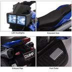 Blue 6V kids' electric motorcycle featuring LED headlights, black seat, rear exhaust pipes, and a foot pedal.