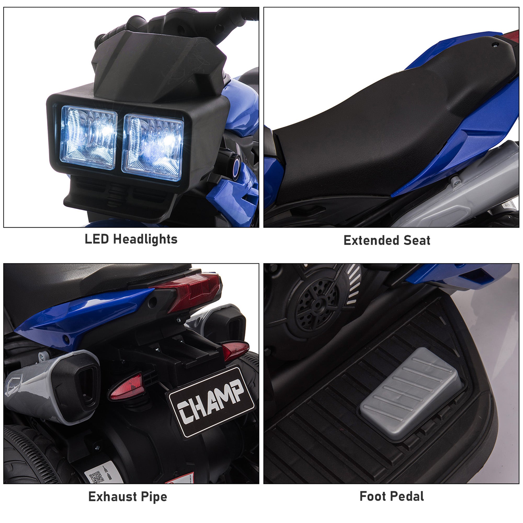 Blue 6V kids' electric motorcycle featuring LED headlights, black seat, rear exhaust pipes, and a foot pedal.