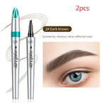 Two silver, four-prong liquid eyebrow pencils in Dark Brown with a demonstration of the natural brow finish.