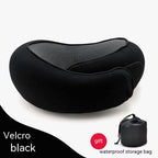 Black, ergonomic cervical neck pillow with mesh fabric and a velcro strap, shown with a matching storage bag.