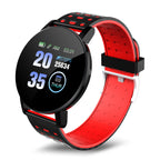 Digitaldistribution375 fitness watch with a round black screen, red and black silicone strap, and step counter display.