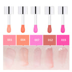 Five lip gloss applicators with colored swatches ranging from soft pink to orange and berry on a skin-toned background.