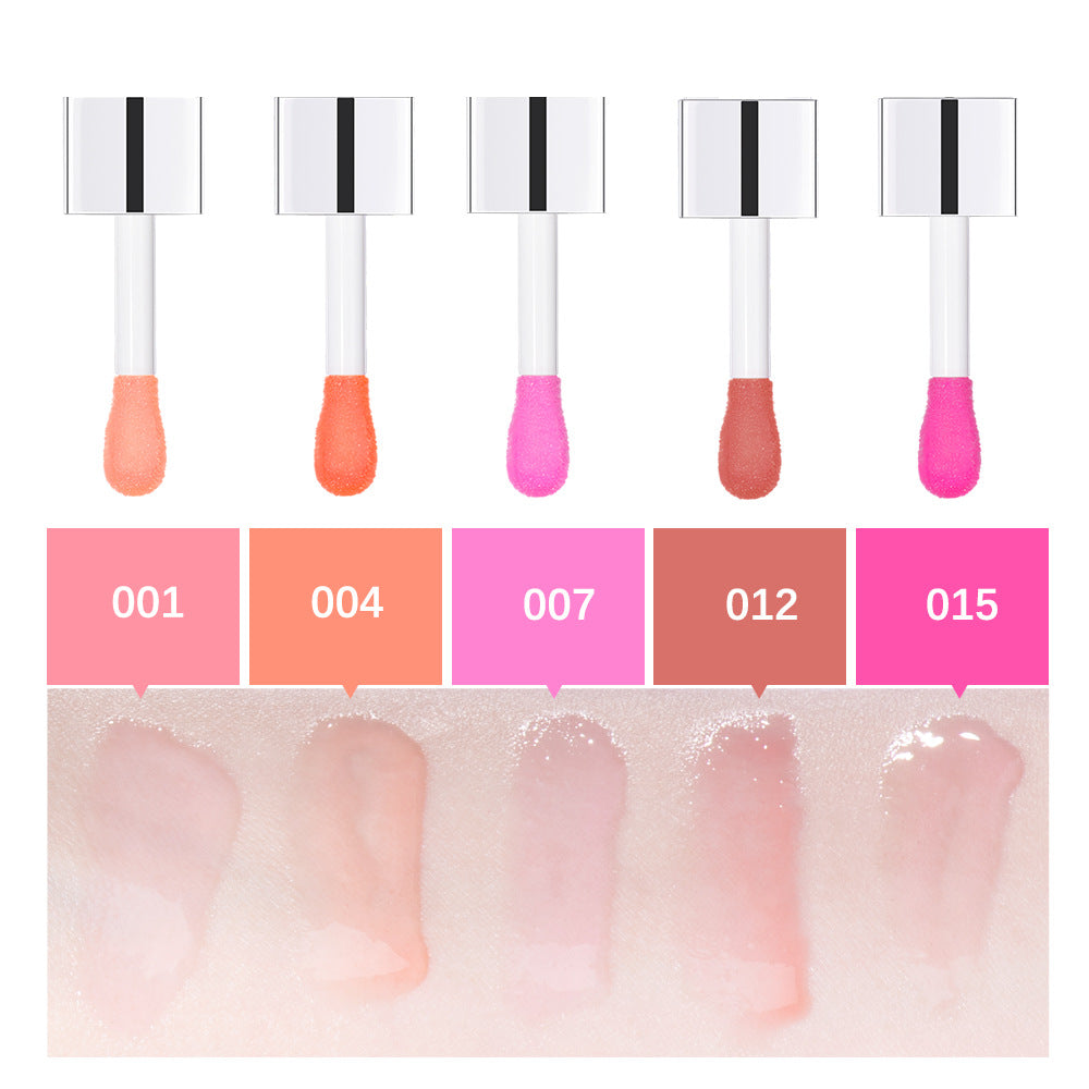 Five lip gloss applicators with colored swatches ranging from soft pink to orange and berry on a skin-toned background.