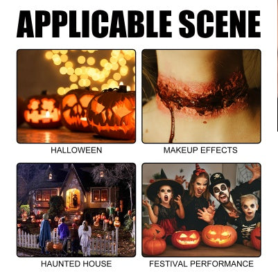 Collage showing SFX scar makeup, carved pumpkins, and people in costumes for Halloween and theatrical performances.