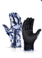 Blue and white camo winter gloves with zippered cuffs, touch-screen fingertips, and a grippy, textured black palm.