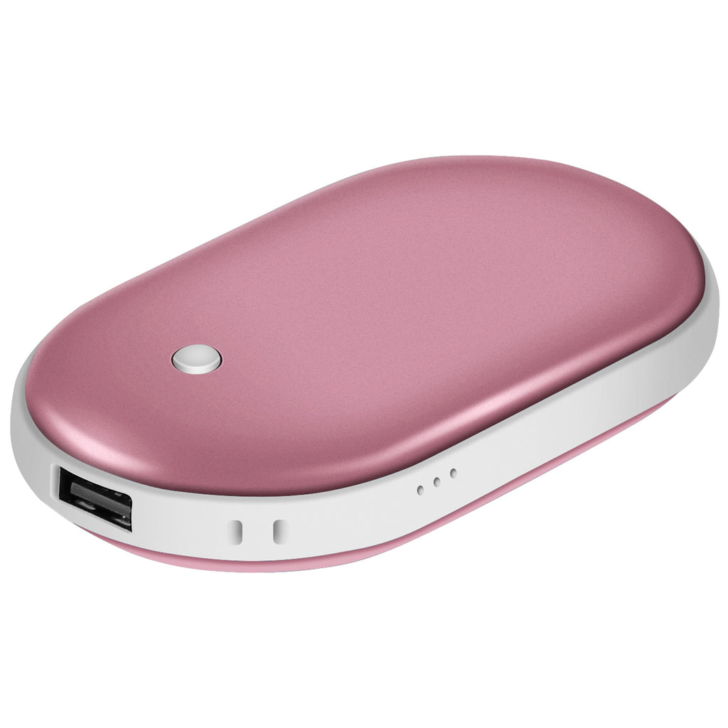 Oval, rose-gold portable hand warmer with white trim, USB port, indicator lights, and a single center power button.