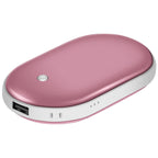 Oval, rose-gold portable hand warmer with white trim, USB port, indicator lights, and a single center power button.