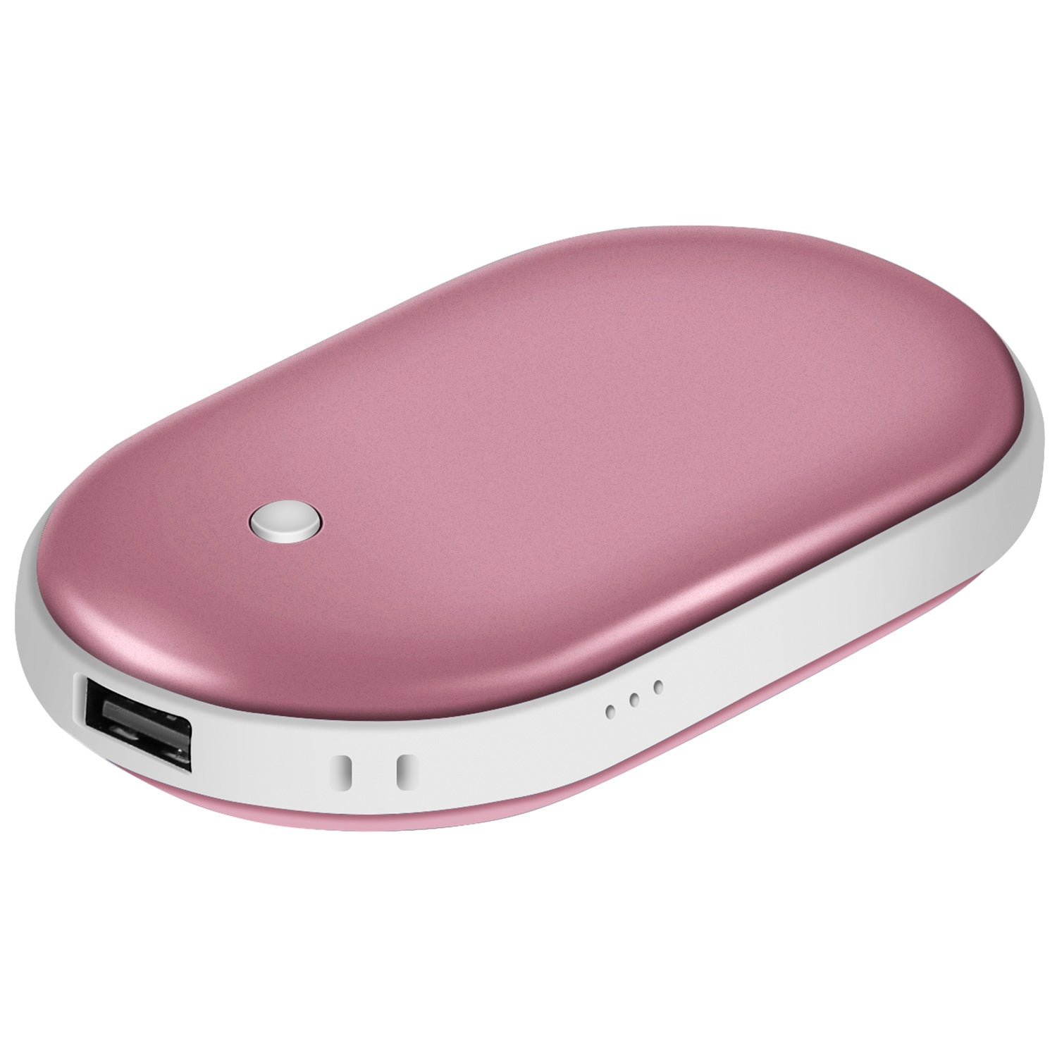 Oval, rose-gold portable hand warmer with white trim, USB port, indicator lights, and a single center power button.
