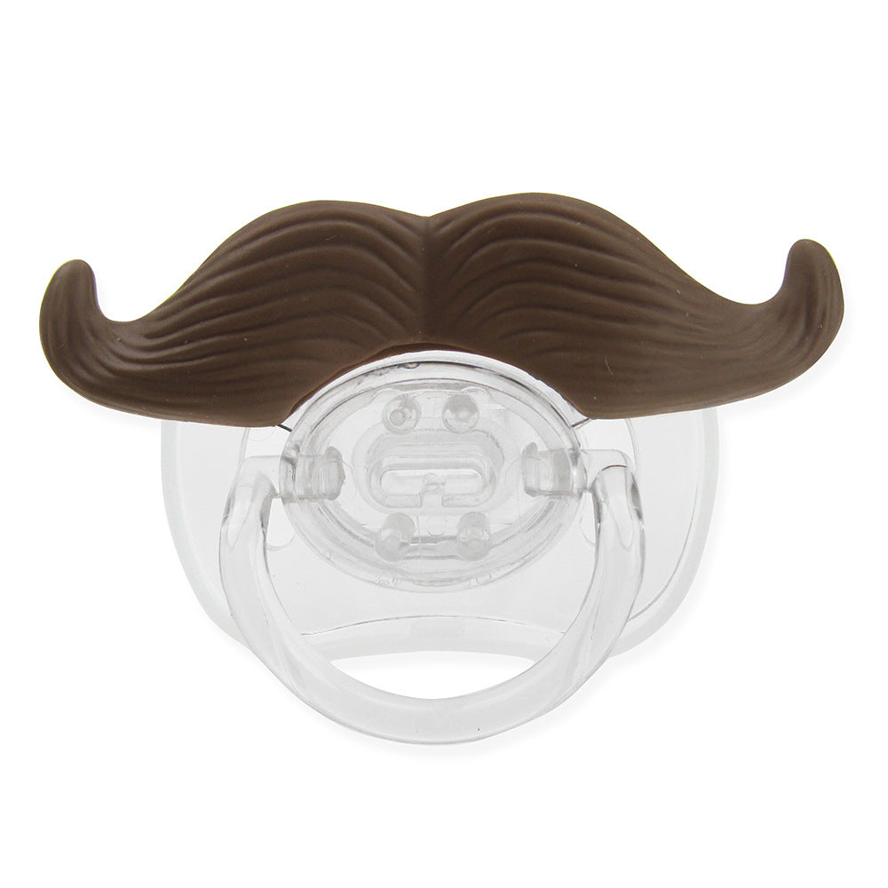 Clear plastic baby pacifier with a brown silicone mustache attachment on a white background.