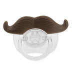 Clear plastic baby pacifier with a brown silicone mustache attachment on a white background.