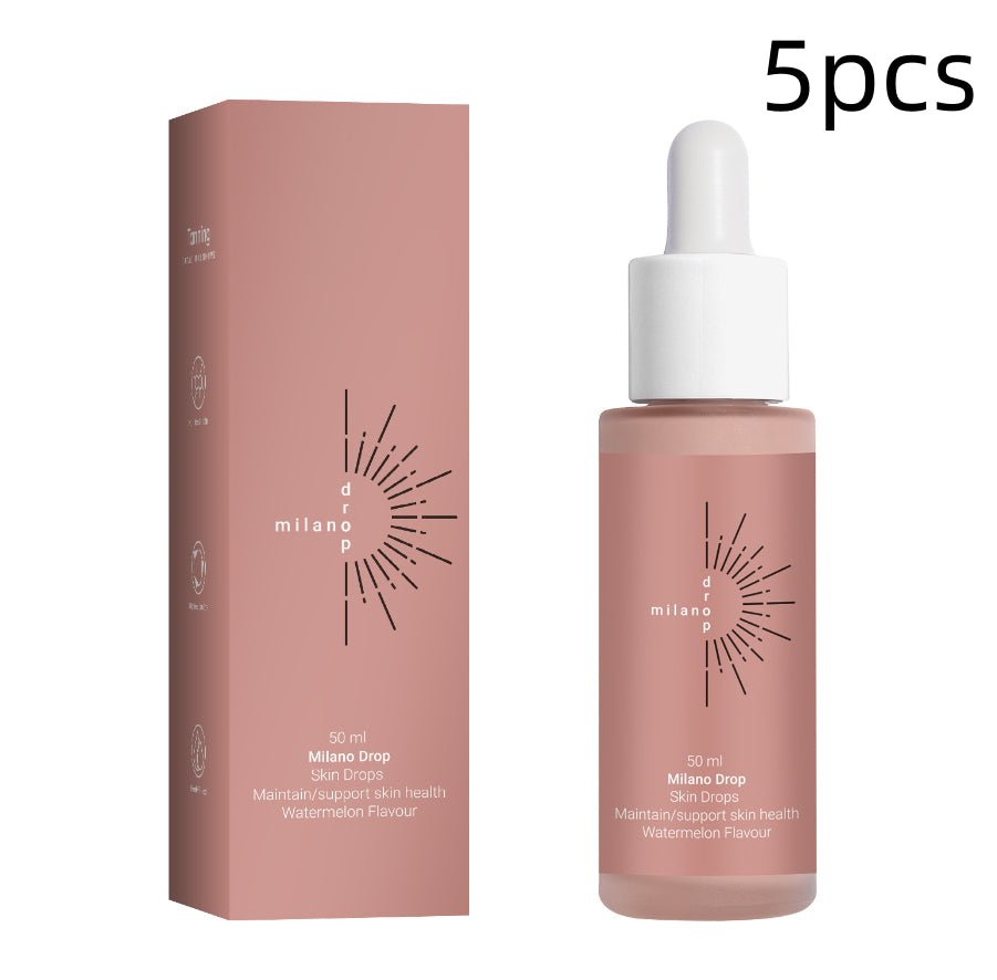 Five bottles and boxes of Milano Drop tanning serum in dusty rose packaging with a white dropper cap.