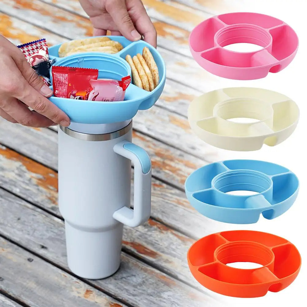 Reusable 4-compartment silicone snack tray for 40oz tumblers, shown in blue, pink, beige, and orange options.