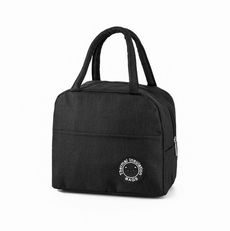 Black portable waterproof thermal lunch bag with top handles, zipper closure, and "Thermal Insulation" round logo.