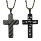 Black titanium steel cross necklace. One side features a US flag design; the other is engraved "With God All Things".