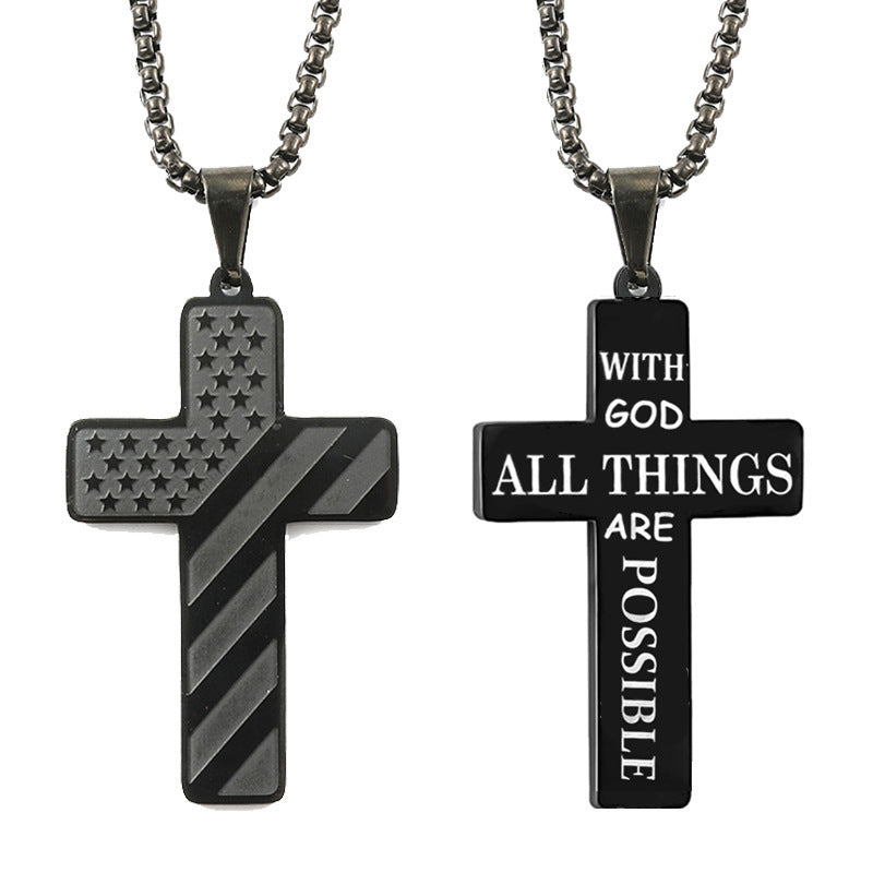 Black titanium steel cross necklace. One side features a US flag design; the other is engraved "With God All Things".