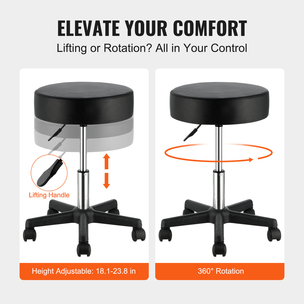 Black swivel stool with thick cushion, adjustable chrome base, and rolling casters, demonstrating height and rotation.