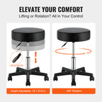 Black swivel stool with thick cushion, adjustable chrome base, and rolling casters, demonstrating height and rotation.