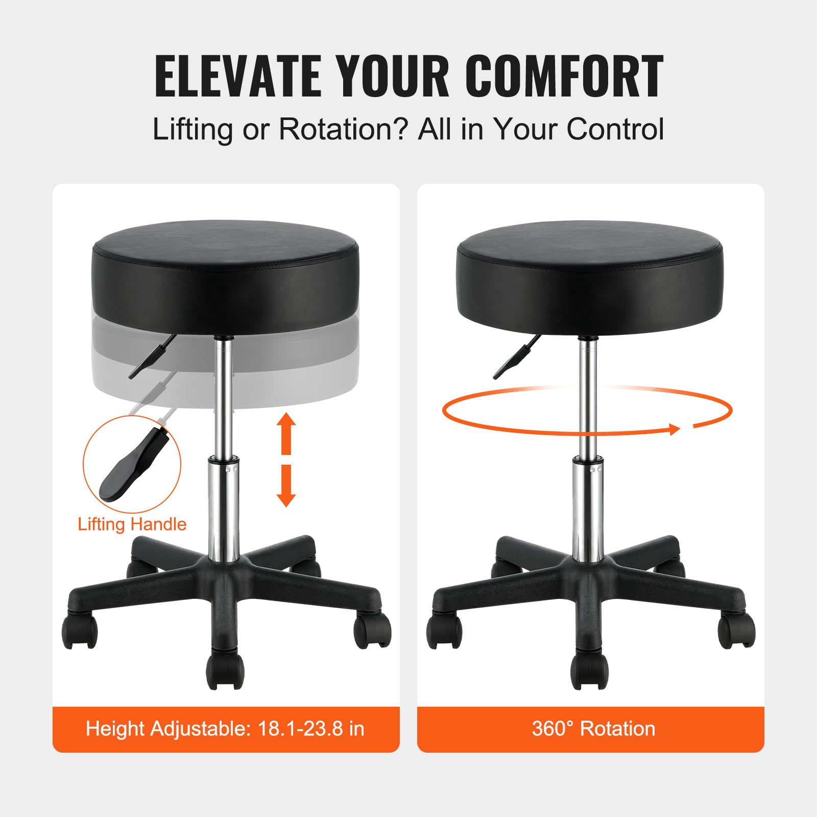 Black swivel stool with thick cushion, adjustable chrome base, and rolling casters, demonstrating height and rotation.