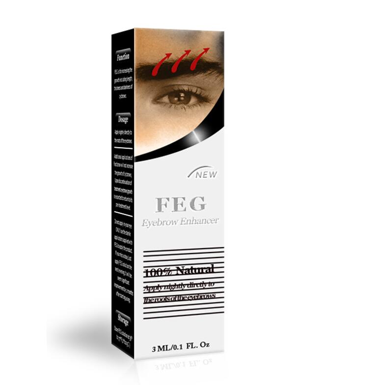 FEG Eyebrow Enhancer serum box featuring a photo of an eye, red growth arrows, and white/black branding text.