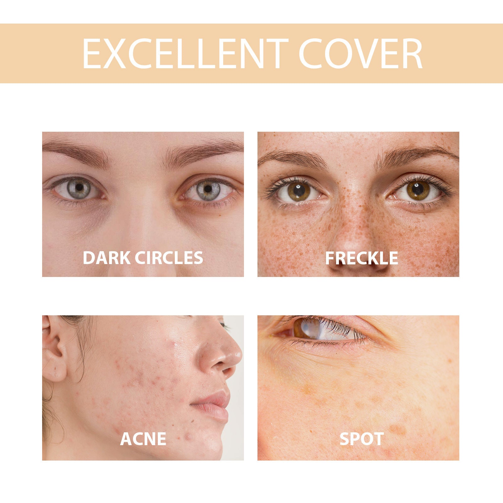 Before-and-after comparison showing the foundation’s ability to cover dark circles, freckles, acne, and skin spots.