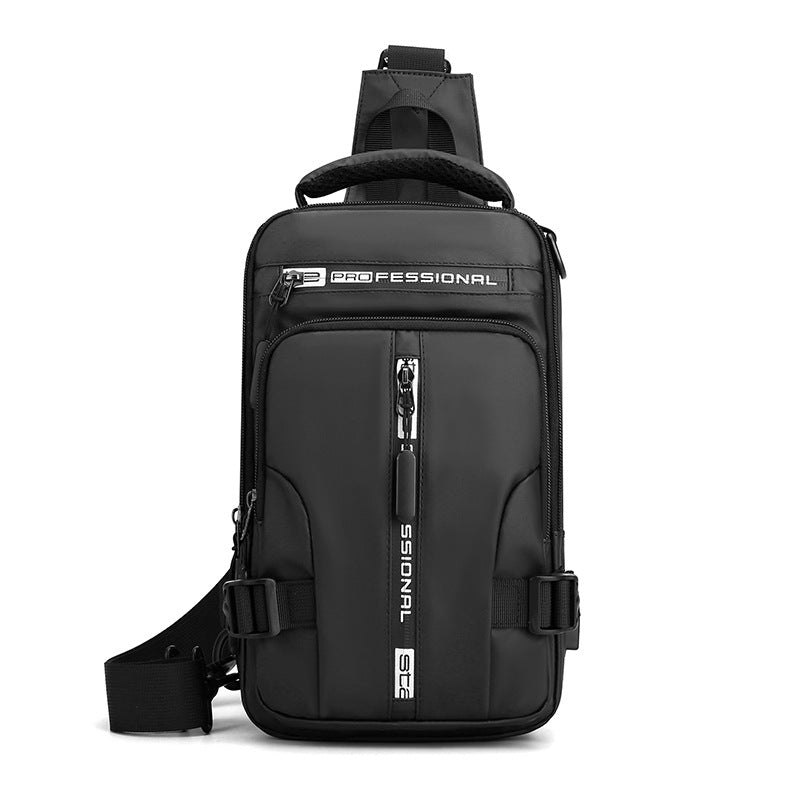 Black tactical crossbody chest bag with adjustable straps, multiple zippered compartments, and "PROFESSIONAL" branding.