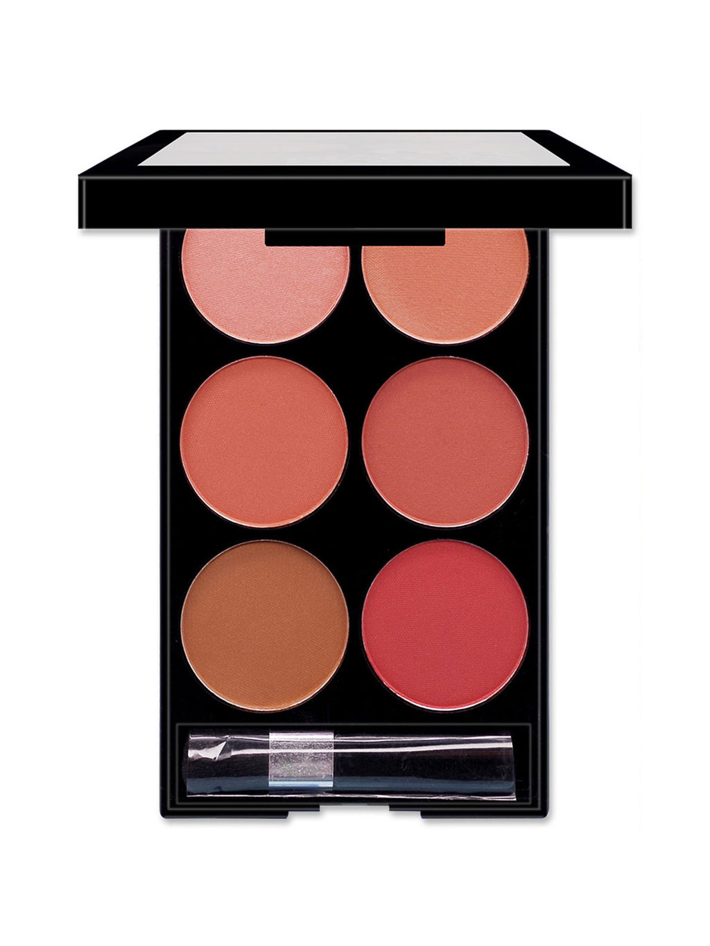 Black palette with six round pans of blush in various pink, peach, and brown shades, plus a small applicator brush.