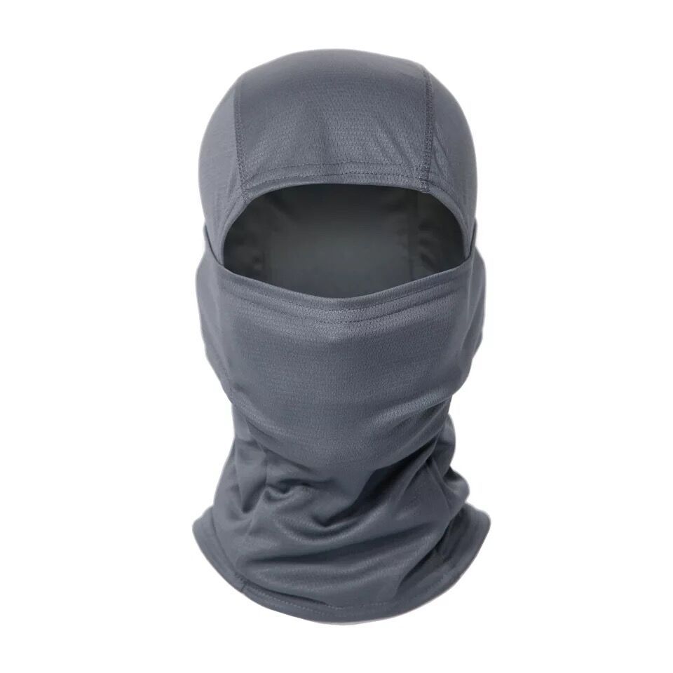 Grey tactical balaclava face mask made of breathable, moisture-wicking mesh fabric for full head and neck coverage.