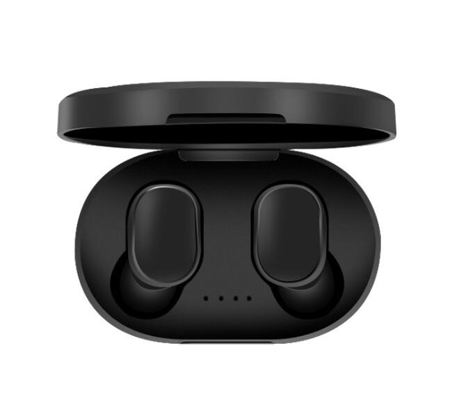 Black A6S in-ear wireless headphones in an open, matte-finish plastic charging case with four indicator lights.
