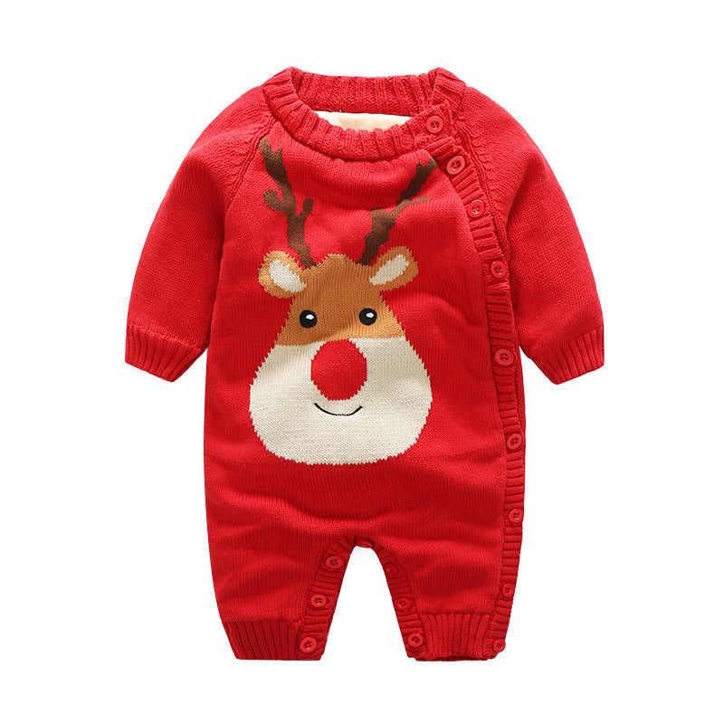 Red knitted newborn romper with a reindeer face, long sleeves, and a side-button closure for easy dressing.