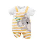 Baby girl short-sleeve jumpsuit with white tee and yellow-striped overalls featuring a cute koala and leaf appliqué.