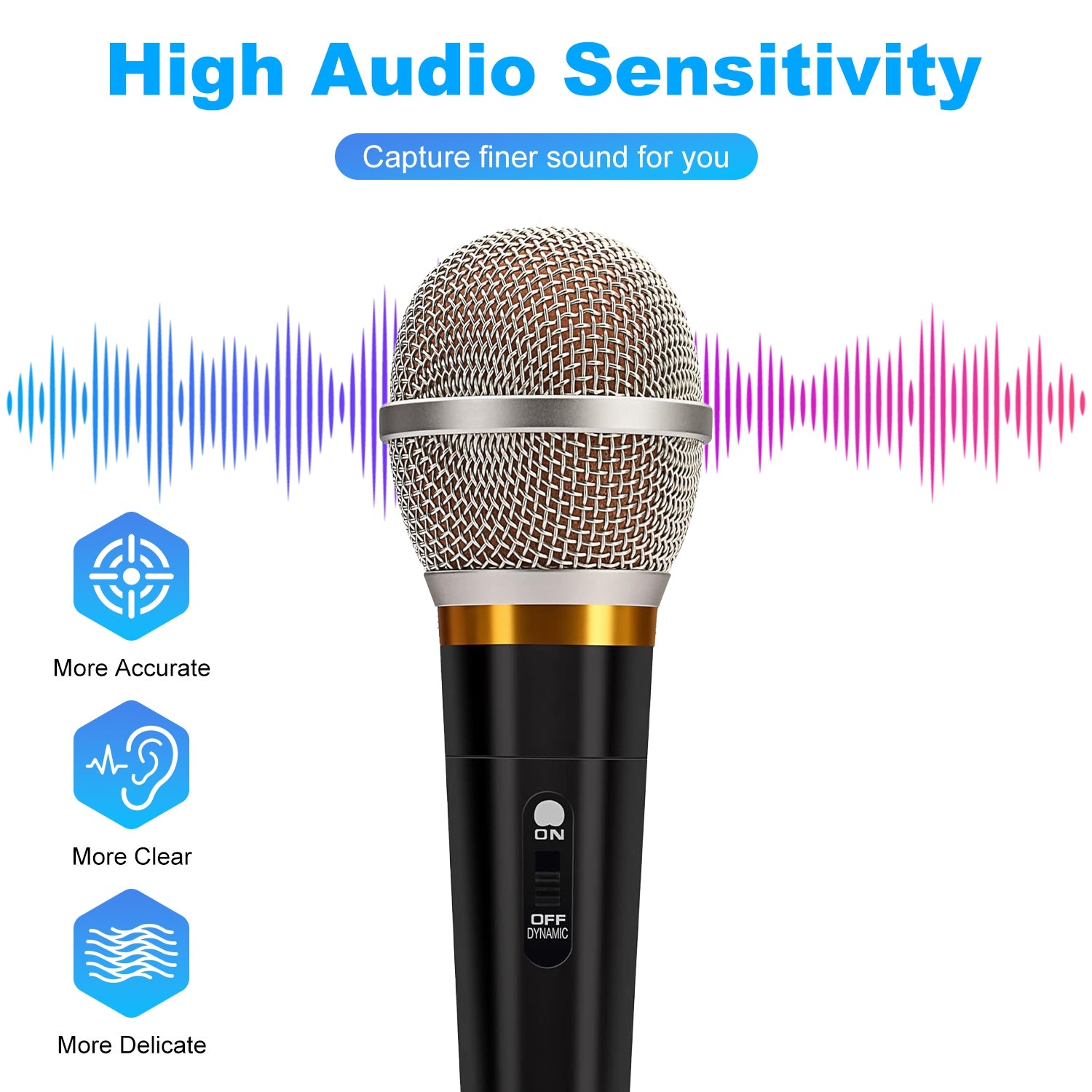 Black handheld dynamic microphone with silver mesh head, gold band, and an On/Off switch, featuring sound wave graphics.