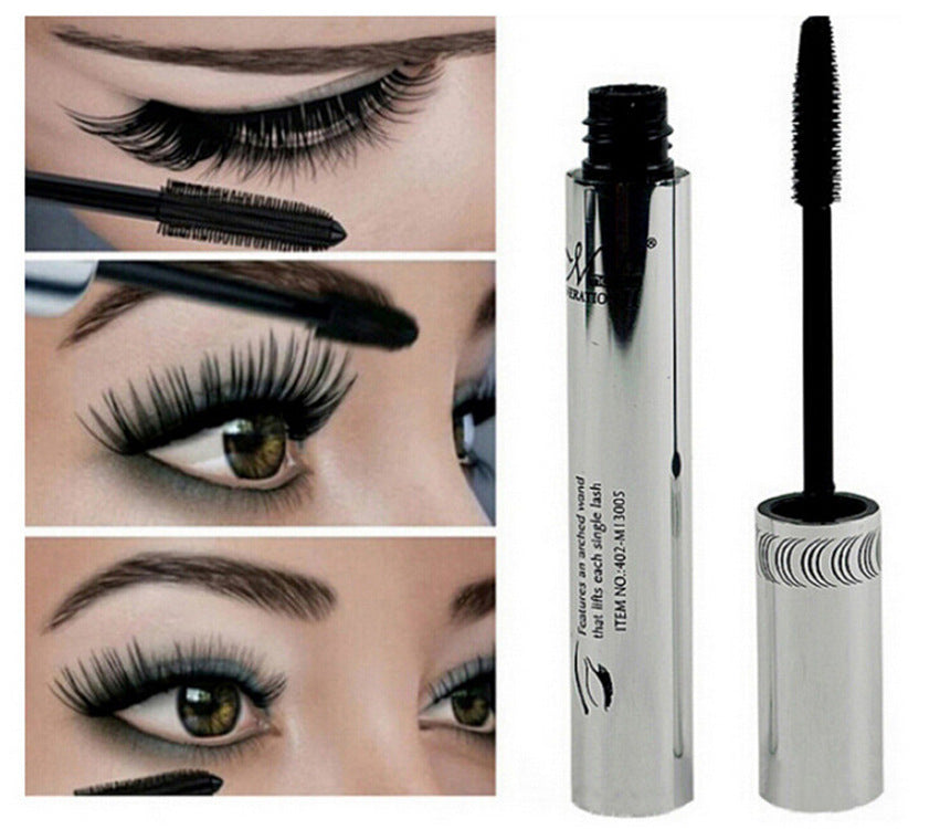Silver M.N Miele mascara tube and wand next to images of long, voluminous lashes applied with the black formula.