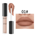 Julystar matte lip cream in shade 01, a neutral nude, showing applicator wand, product swatch, and lips in matte finish.