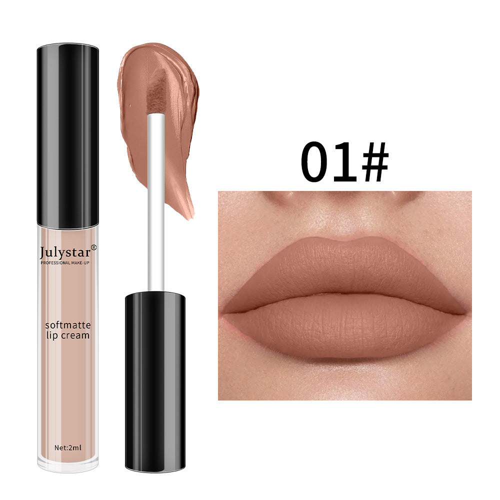 Julystar matte lip cream in shade 01, a neutral nude, showing applicator wand, product swatch, and lips in matte finish.