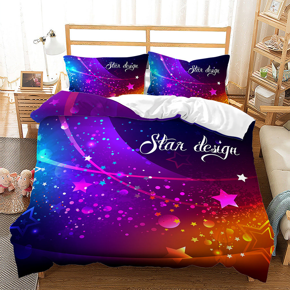 3-piece bedding set with a 3D purple and orange galaxy star print and the words "Star design" on comforter and pillows.