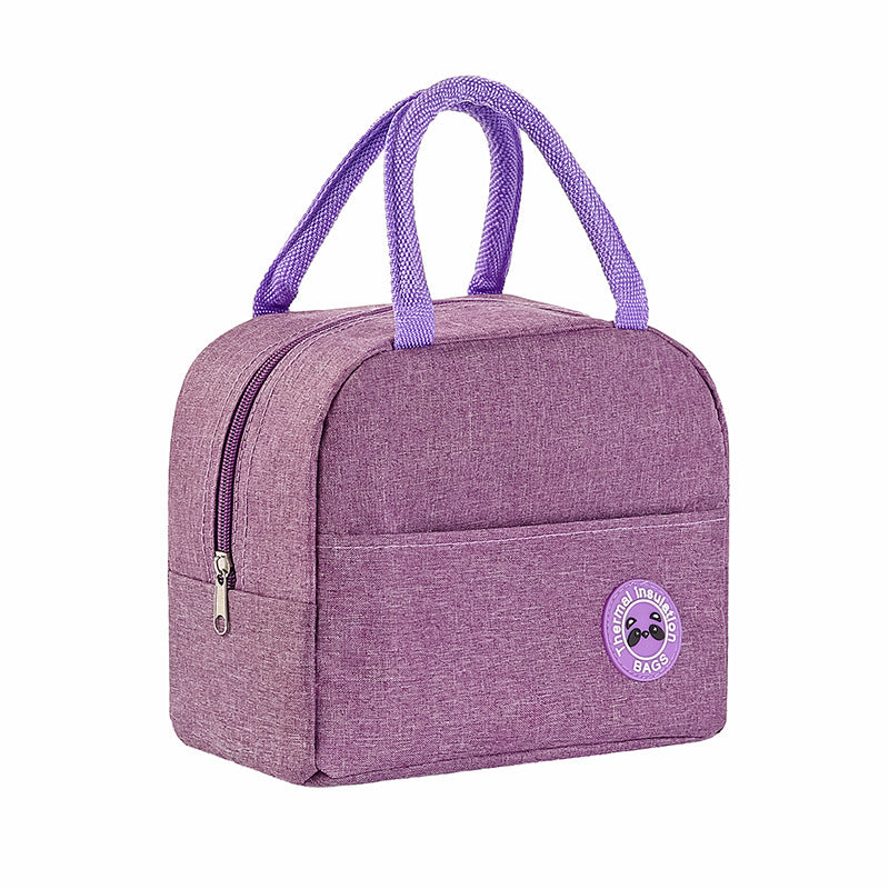 Purple cationic waterproof lunch bag with thermal insulation, zipper closure, twin handles, and panda logo badge.