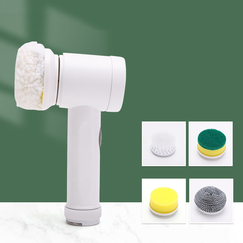 White handheld electric cleaning brush with a fuzzy head, plus four interchangeable scrub and sponge attachments.