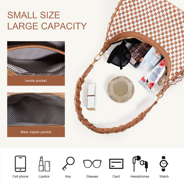 Brown and white checkered vegan leather hobo bag with a braided handle, featuring interior zippered pocket details.