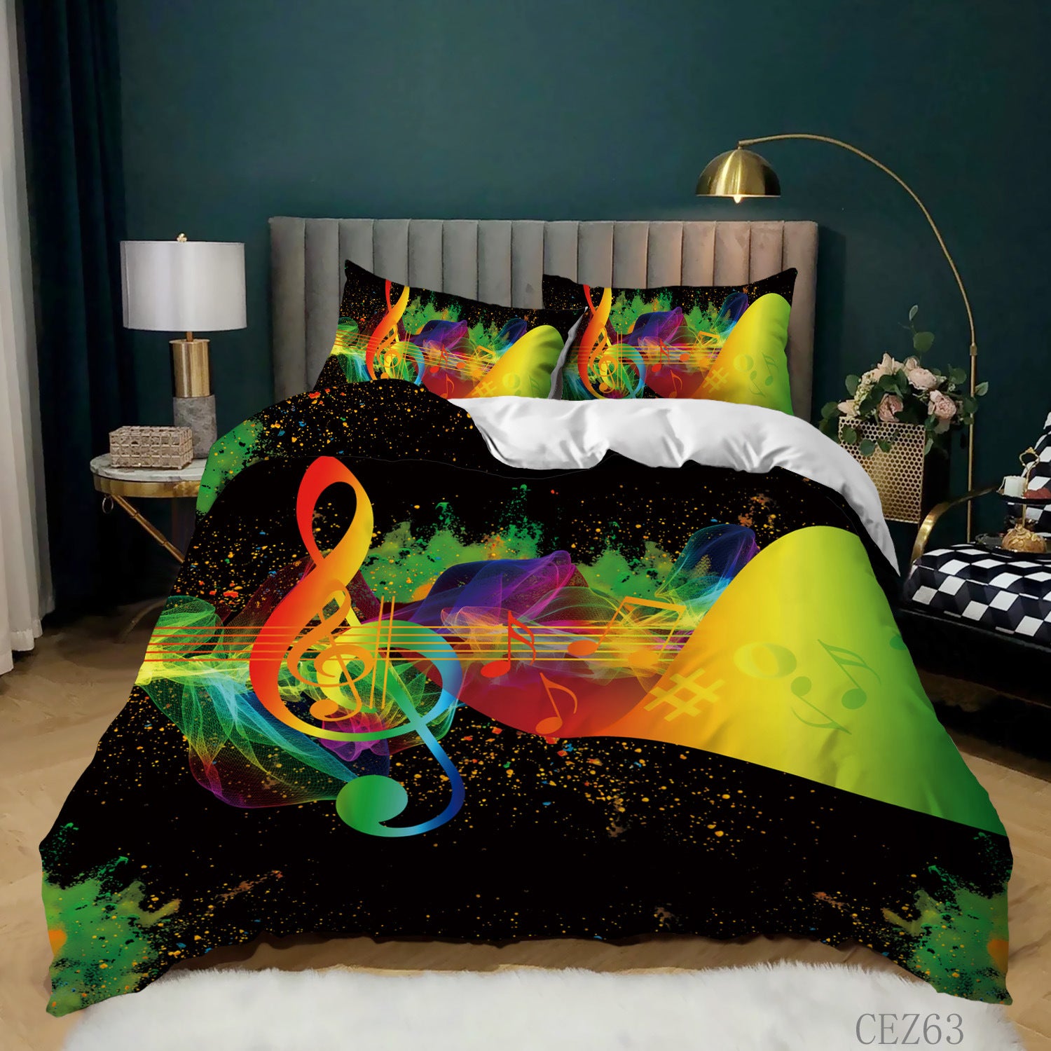 Three-piece bedding set with vibrant rainbow musical notes and splash patterns on a black background.