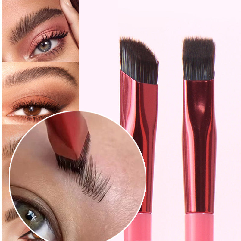 Two eyebrow brushes with dark, angled bristles and metallic red ferrules, showing makeup application on eyebrows.