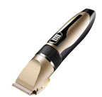 Cordless hair trimmer with a matte gold and black body, adjustable length dial, and stainless steel cutting blades.