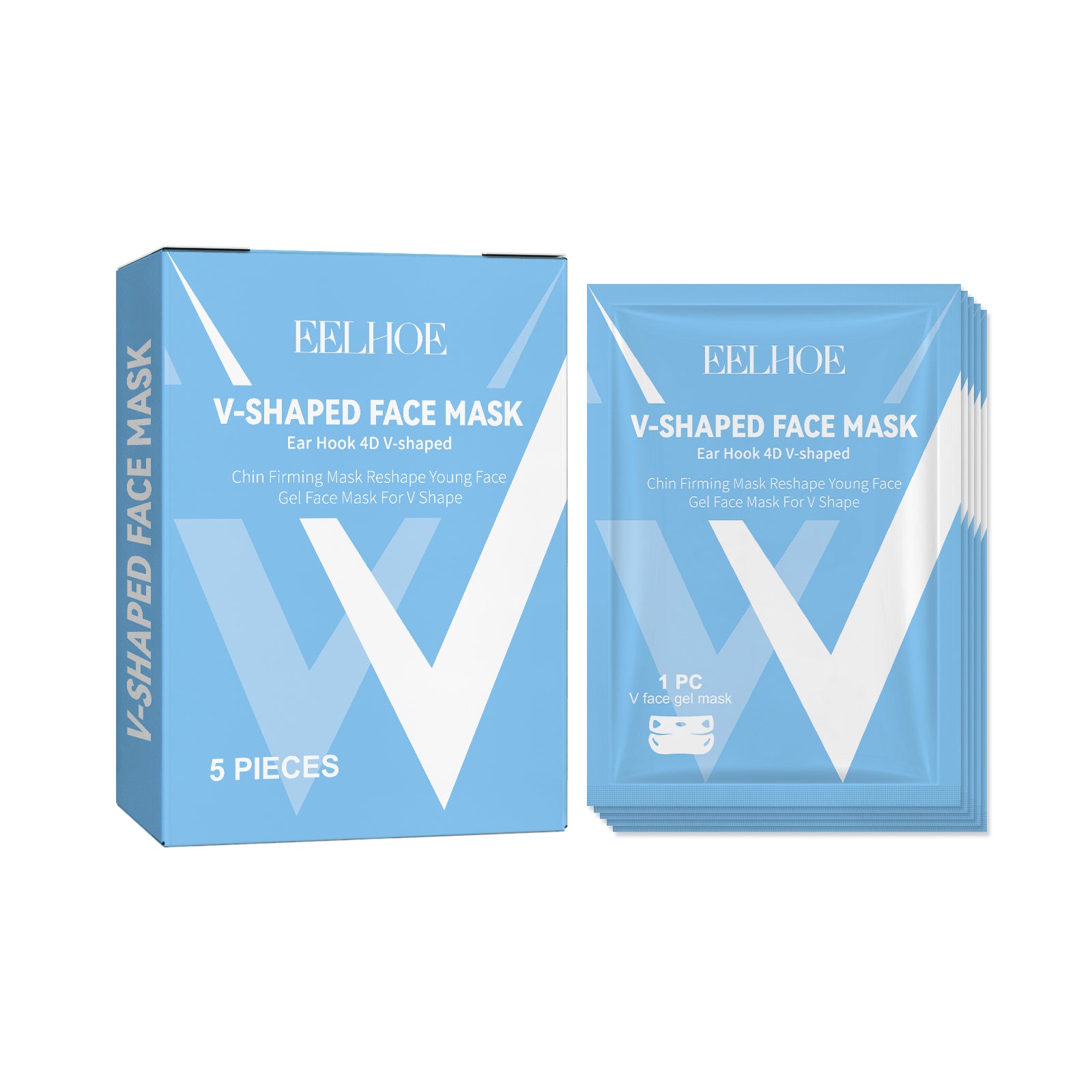 Blue EELHOE V-shaped face mask box and individual pouches. Firming ear-hook gel masks for chin shaping.