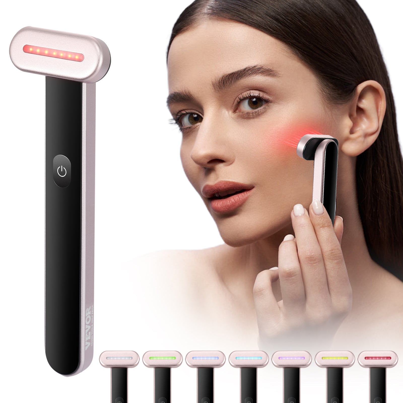 Woman using a rose gold and black VEVOR LED facial wand with 7 light colors for therapy and massage.