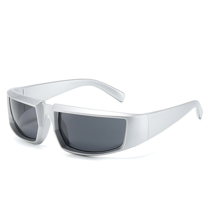 Sporty hip-hop sunglasses with a metallic silver frame and dark rectangular lenses against a white background.