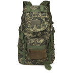 60L digital camouflage hiking backpack with olive green straps, mesh pocket, and buckles on a white background.