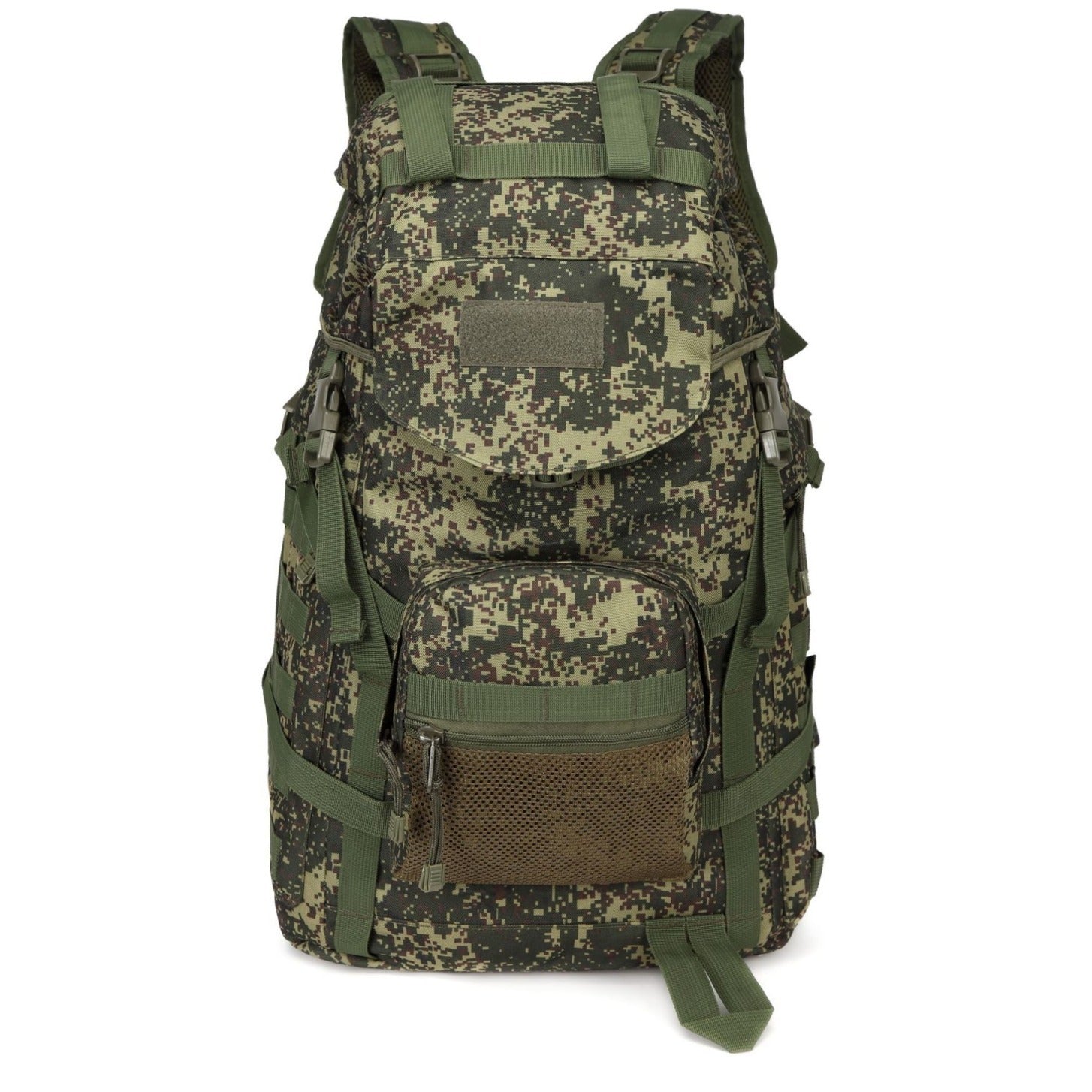 60L digital camouflage hiking backpack with olive green straps, mesh pocket, and buckles on a white background.