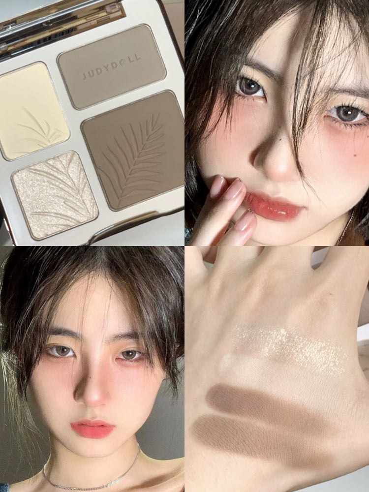 Judydoll contouring palette with matte and shimmer shades, featuring palm leaf patterns and swatches on skin.